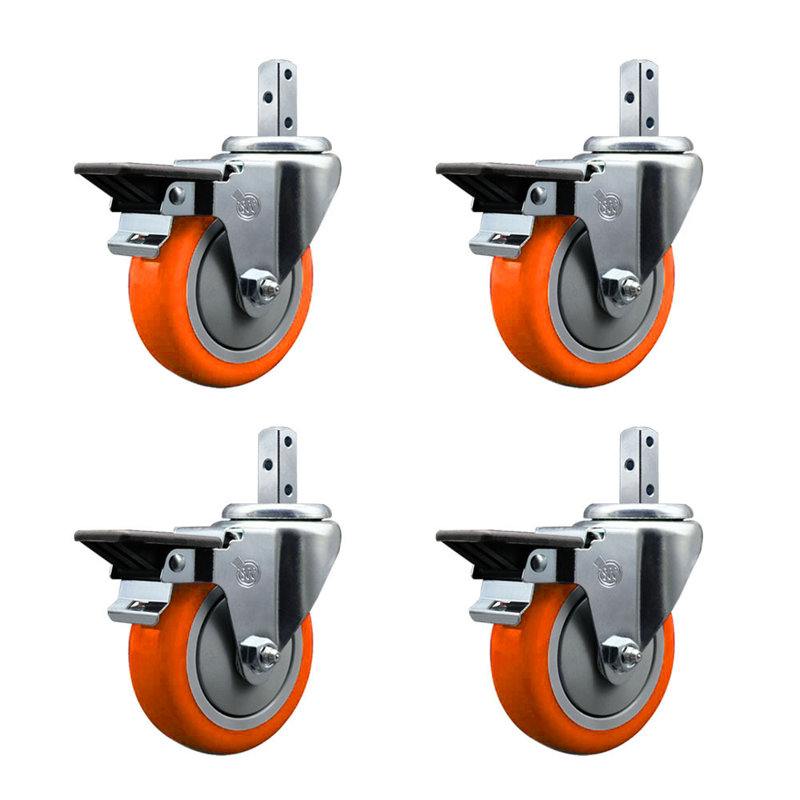 Ensemble de roulettes à tige pivotante carrée en poly 4 pouces 4 pouces avec frein SCC, Orange
