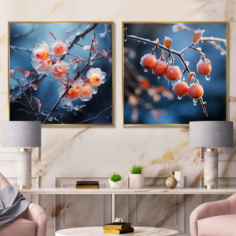 «Pink Frost Winter Blueberry Elegance I», ensemble de 2 reproductions d'art sur fruits, Cadre flottant doré