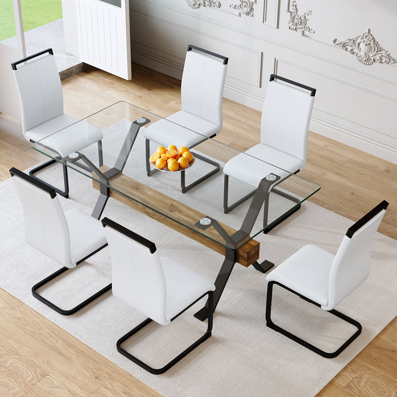 Ibrahim 71" Dining Room Set,Tempered Glass Dining Table Set With Metal Frame, White, 7 Pieces: Table, 6 Chairs