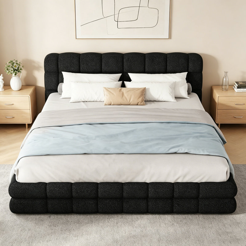 Cadre de lit plateforme grand tapissier noir, aucun sommier requis, Noir