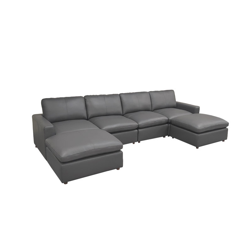 Rycharles Top-Grain Leather Large Seating Modular Sectional, Blue Gray