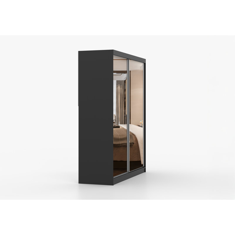 2 Door Laminate Wardrobe, Black front/Black doors, Two front mirrors