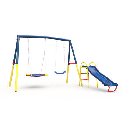 Balançoire d'extérieur robuste 3 en 1 avec glissade, acier bleu pour les loisirs de jardin, sièges de soucoupe et de ceinture, installation rapide, installation, jeu