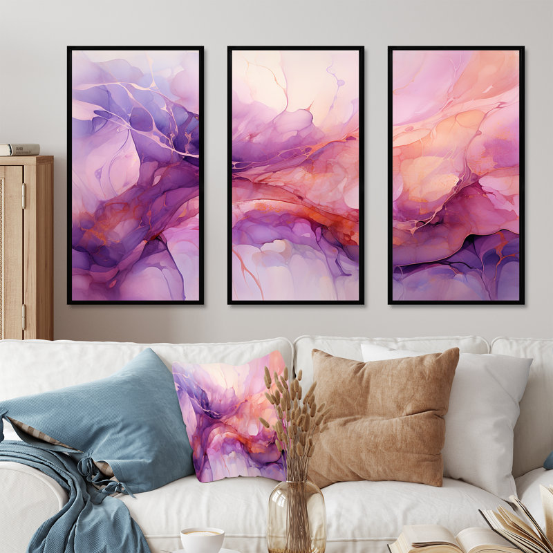 Ensemble d'art mural abstrait Tuba Terrain Mountainous Mauve I - encre liquide, Cadre flottant noir