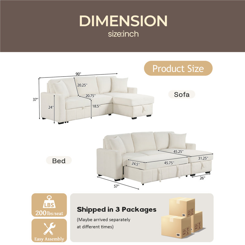 Canapé-lit modulaire en forme de L 90 po avec méridienne réversible avec rangement, coussin central rabattable avec deux porte-gobelets, revêtement en tissu tricoté Warp, canapé modulaire pour le salon