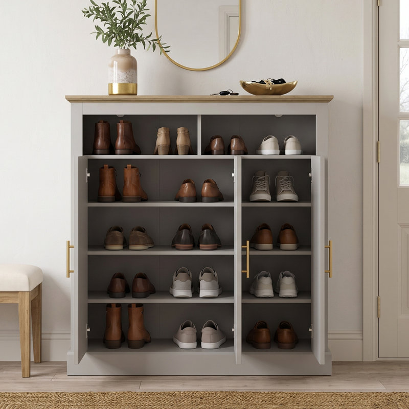 Sufy Benniton 3 Door Shoe Cabinet with Open Shelves, Light Grey