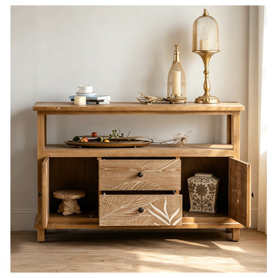 Vintage Style Solid Wood Carved Distressed Sideboard for Living Room & Homestay