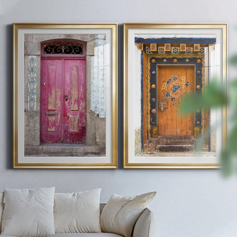 Porte portugaise - ensemble de 2 reproductions de photos, H 26,5 po x l 73 po x P 1,5 po, Papier encadré doré, Blanc