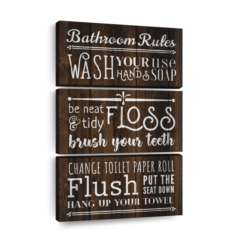 " Rustic Bathroom Rules Multi Piece Canvas Print " by HomeyNotes Studio 3 - Pieces, 14" H x 23" W x 1" D