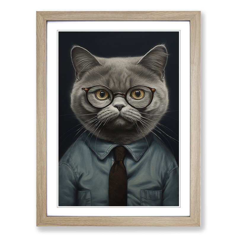 British Shorthair Cat With Glasses Painting - Single Picture Frame Print on Wood, Oak Framed, 34cm H x 25cm W x 2cm D
