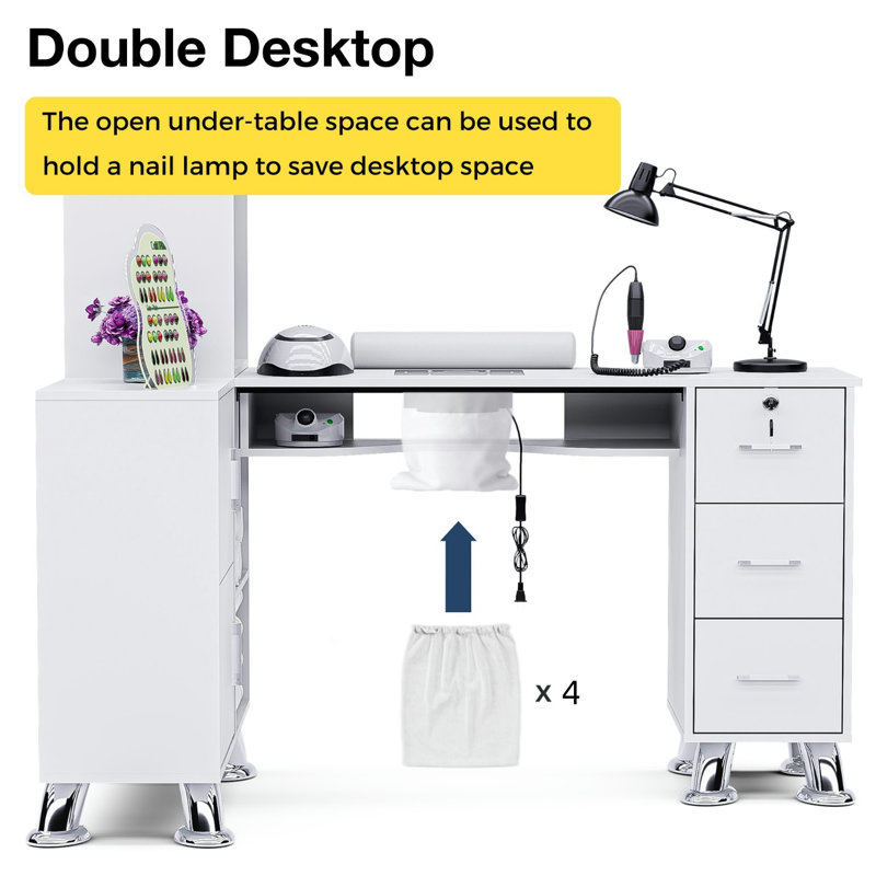 Avriel L-Shaped Manicure Table with Drawers and Shelves for Storage, Nail Table Station with Electric Dust Collector, Wrist Cushion