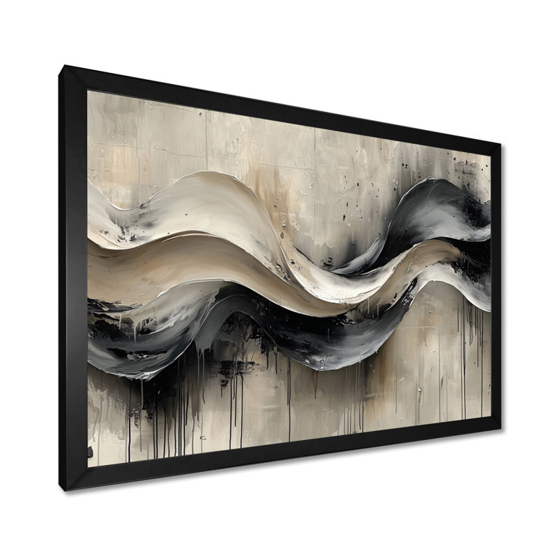 Gris sur fond blanc l'encre rythmique de la rivière à encre IV - Art abstrait de vagues modernes, Cadre simple, Noir
