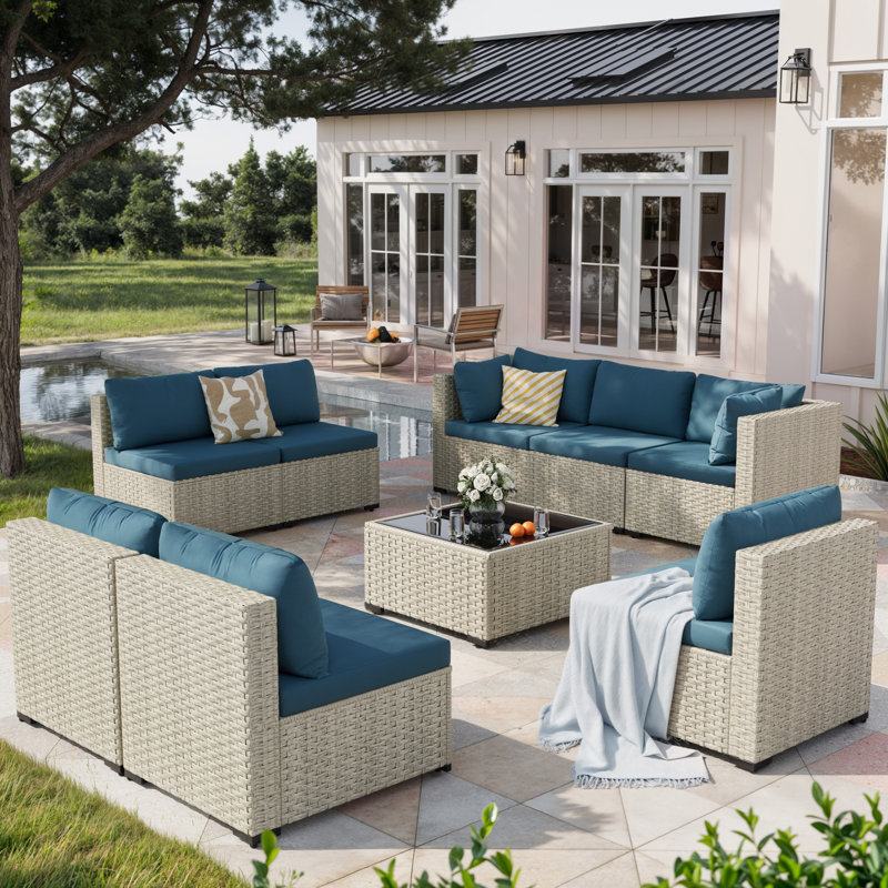 Ensemble de conversation 9 pièces en rotin pour patio avec coussins 9 pièces, Bleu paon