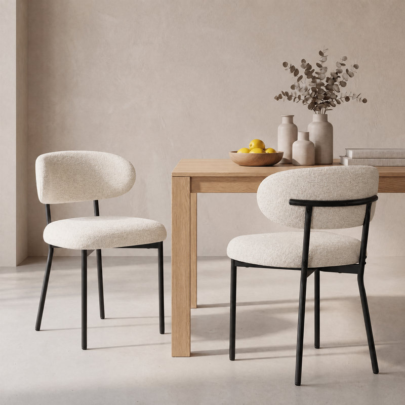 Modern Upholstered Dining Chair, Metal Legs, 2P, Beige Boucle