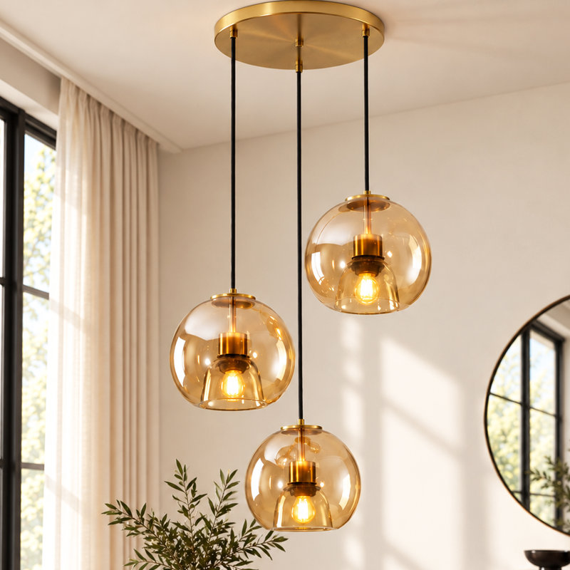 Luminaire suspendu 3 lumières en verre ambre concave