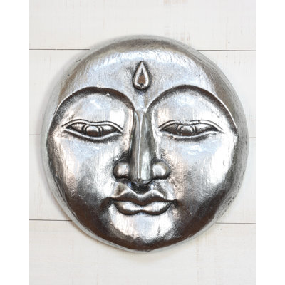 Visage de lune en bois argenté, art mural - masque de lune sculpté à la main, décoration murale boho céleste