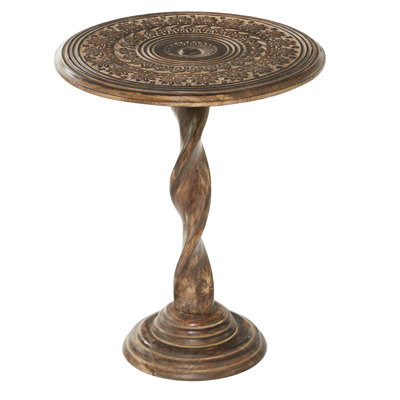 Anthea Brown Mango Wood Handmade Intricately Carved Floral Side End Accent Table with Spiral Leg and Elevate Base