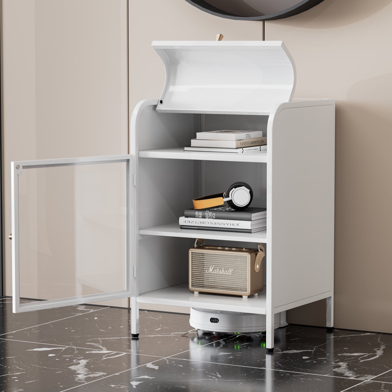 Usmon Modern Nightstand with Glass Door,Metal Side Table,Bedside Table With Flip-Top Storage, White
