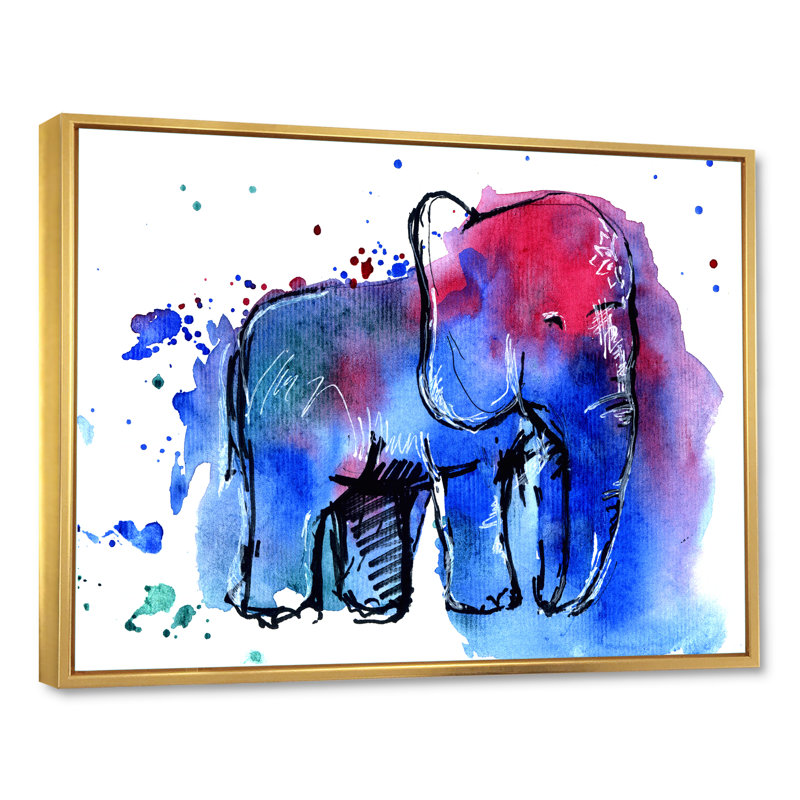 Impression d'éléphant bleu et rouge - Peinture sur toile, H 34 po x l 44 po, Cadre flottant doré