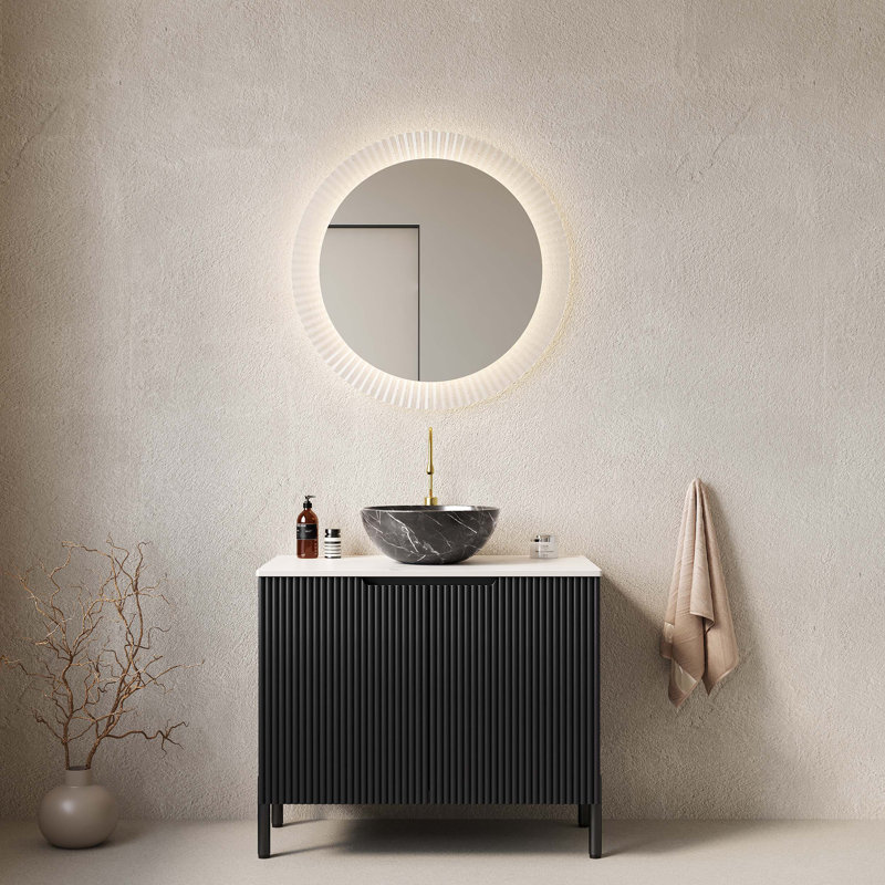 Meuble-lavabo de salle de bain avec lavabo, armoire de rangement autoportante, lavabo en céramique, comptoir en pierre frittée, système de fermeture en douceur et instructions d'assemblage