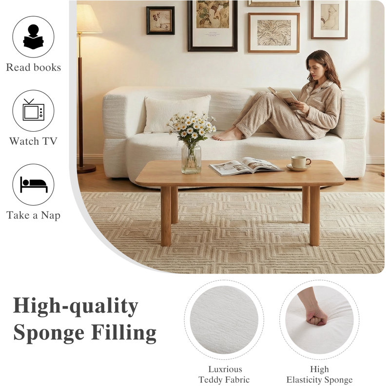 Boneless 78.35" Modern 2-In-1 Convertible Curved Loveseat Sofa Bed, Floor Love Seat Couch, Teddy Fabric Memory Foam Cloud Couch With 2 Pillows No Assembly For Living Room, Apartment, Small Space