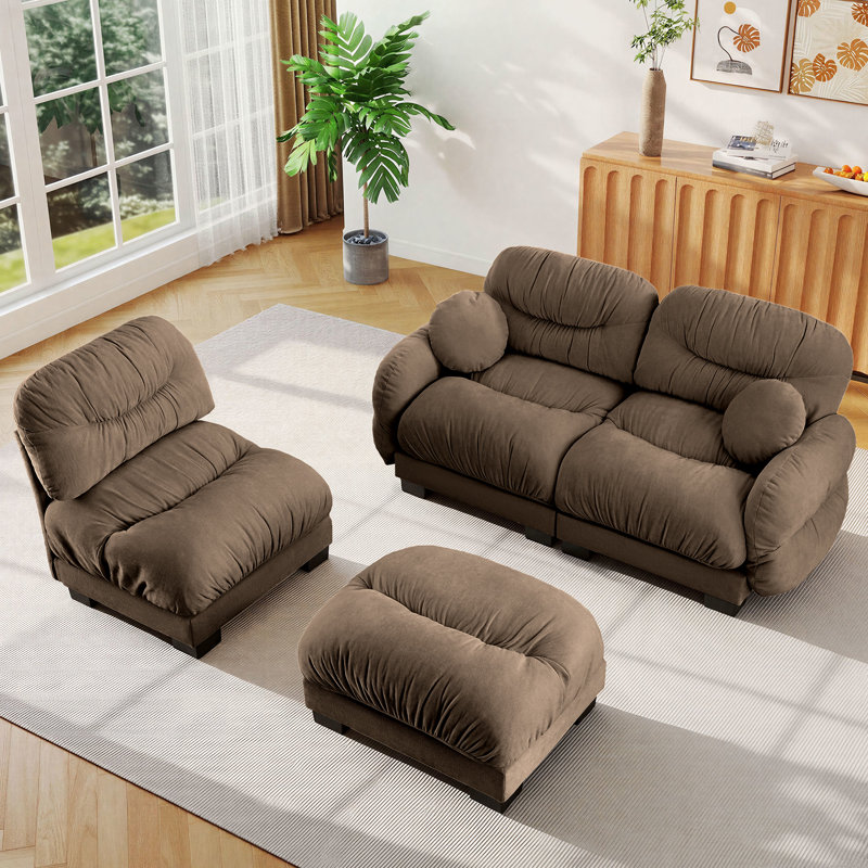 116" Chenille L-Shaped Couch Modular Sectional Sofa with Ottoman, Brown