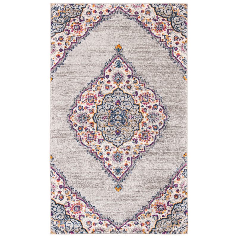 Christa Oriental Gray/Cream/Fuchsia/Sapphire/Gold Area Rug, Rectangle 3' x 5'