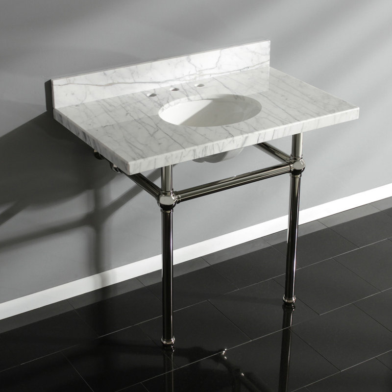 Kingston Brass Templeton 36-Inch Carrara Marble Vanity Top with Brass Legs (8-Inch, 3-Hole), Carrara Marble/Polished Nickel