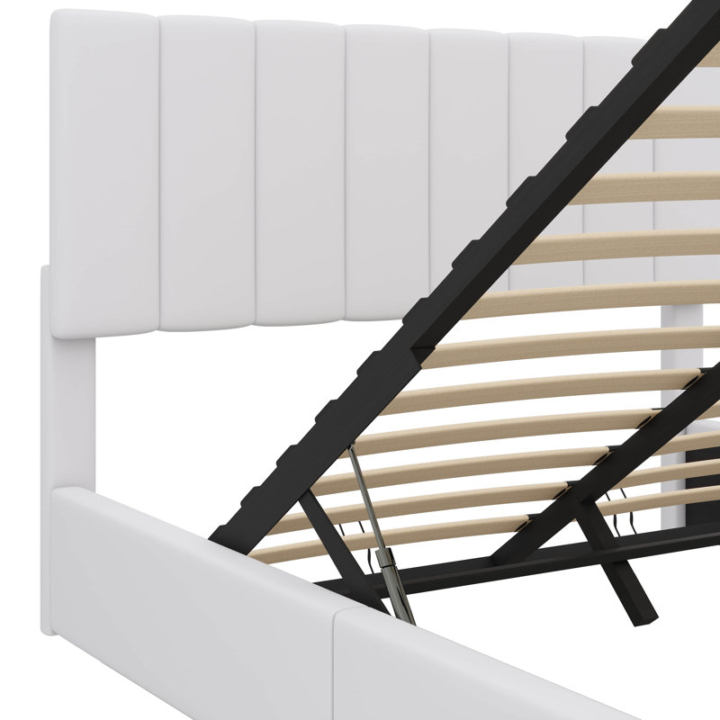 Upholstered Platform Bed With Hydraulic Storage Mechanism, White, Queen