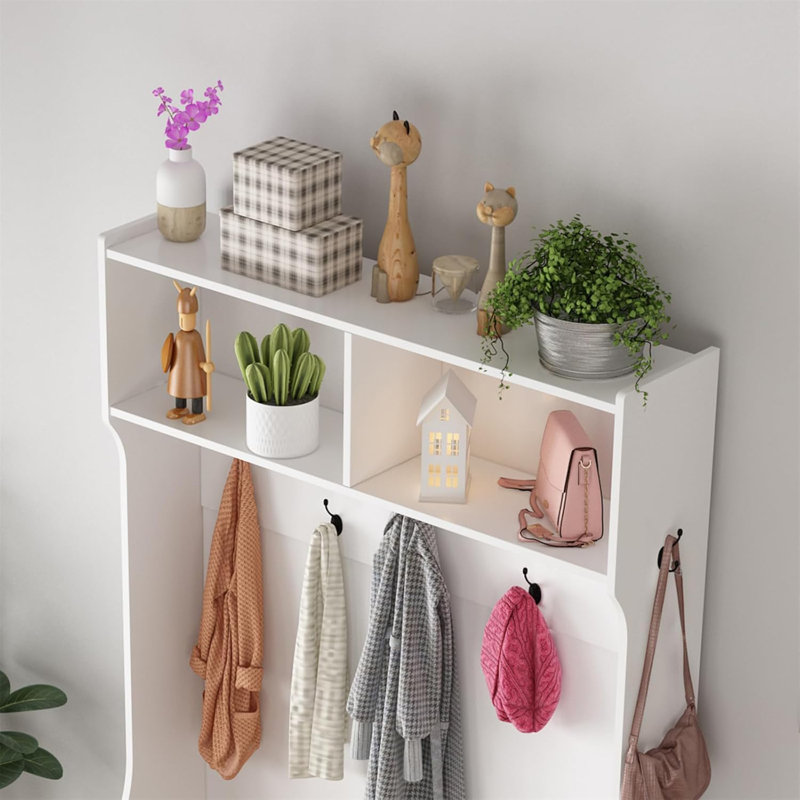 Hall Tree with Bench and Shoe Storage, 4-in-1 Farmhouse Entryway Coat Rack with 7 Coat Hooks & 7 Shoe Cubbies, Hallway Shoe Bench with Storage, 42" W x 15.7" D x 77" H, White