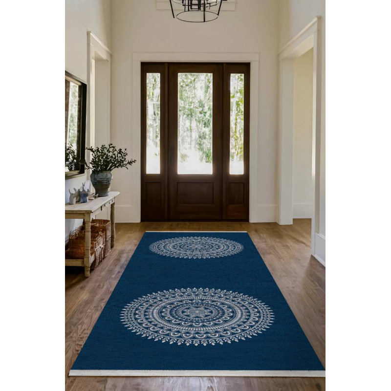 Mandala Collection Digital Print Cotton-Polyester Geometric Blue Gray Rug, Round 5'3"