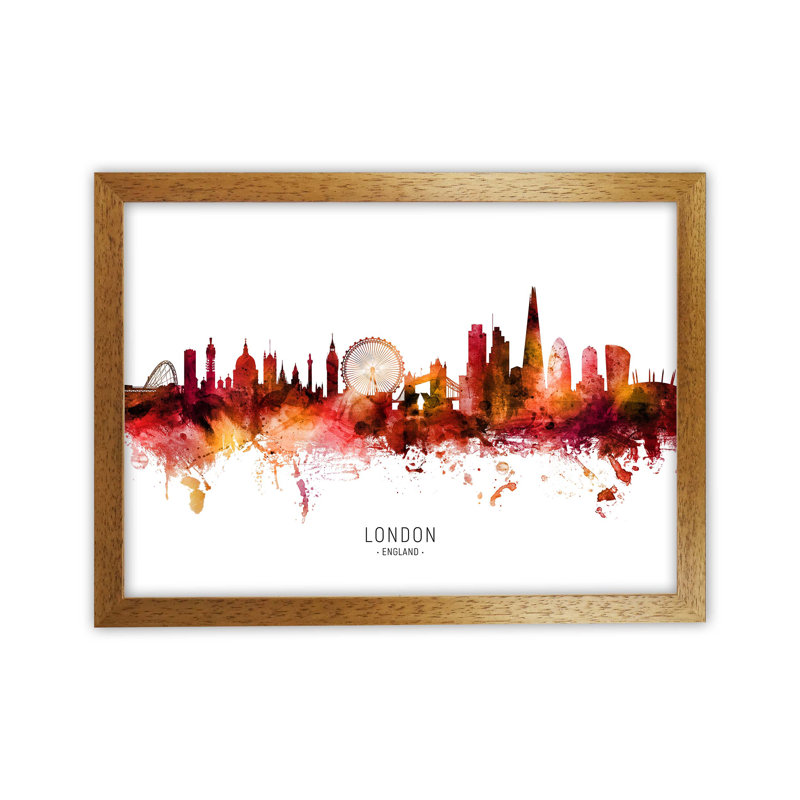 London England Skyline Red City Name by Michael Tompsett - Print, Oak Framed, 25cm H x 34cm W x 3cm D