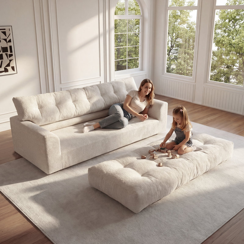 75.59 in Modern Glitter Chenille Convertible Floor Sofa, Memory Foam Cushioning, Removable Backrest with Storage Pocket