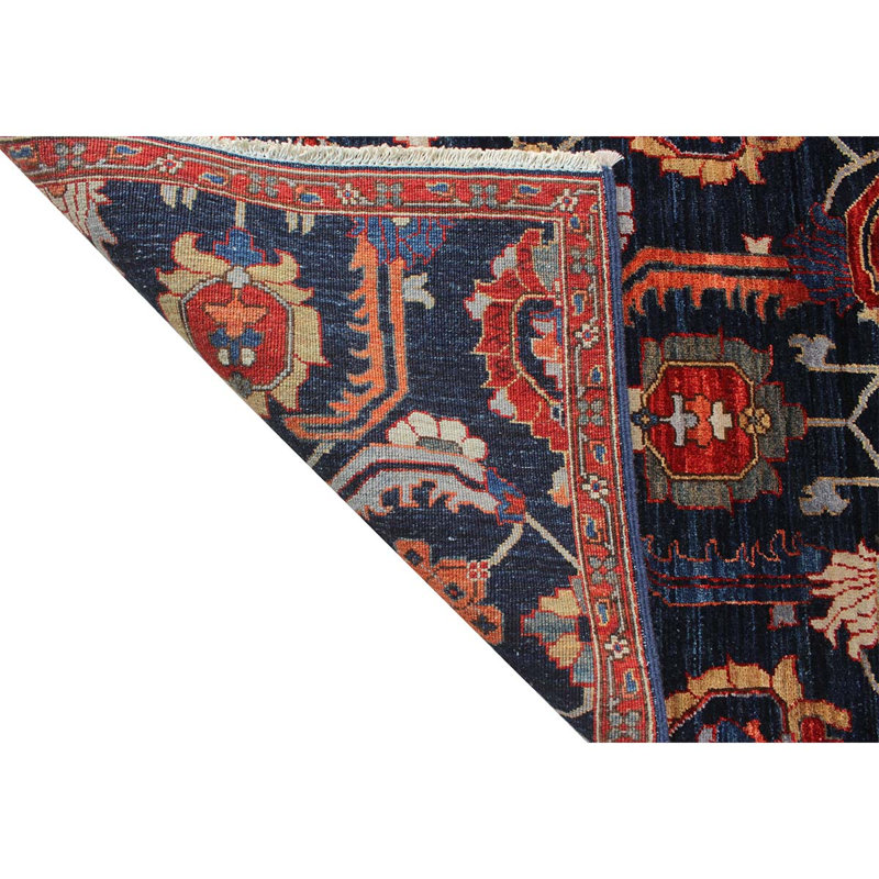 Tapis rouille / bleu marine noué à la main de conception unique de 3 pi 5 po x 4 pi 11 po One-of-a-Kind