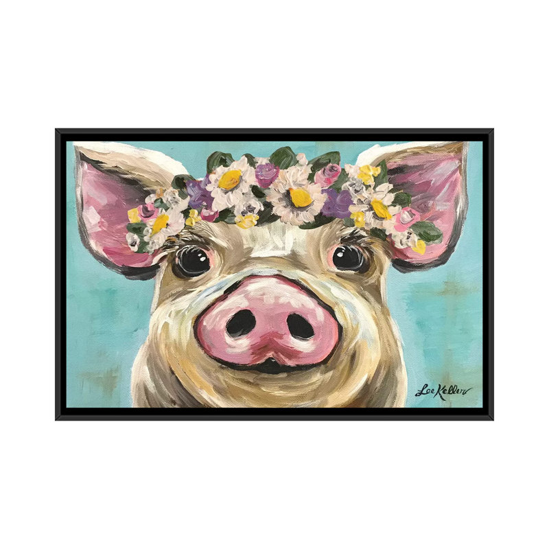 « porc avec fleur couronne sur turquoise » par hippie hound studios, impression sur toile tendue, Toile avec cadre noir