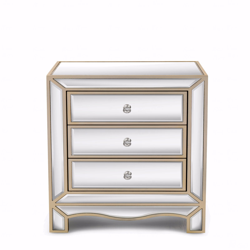 Table de chevet moderne à 3 tiroirs avec bordure dorée et miroir