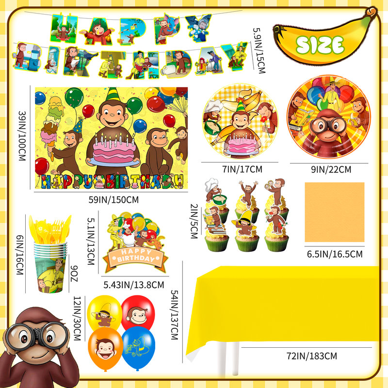 110Pcs Curious George Party Decorations & Tableware Set