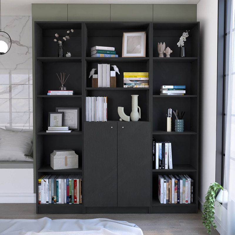 June 3 Piece Home Bookcase Set, 60" Wide With 13 Shelves And Two-Door Cabinet ,  Living Room Set Set  Black, Black