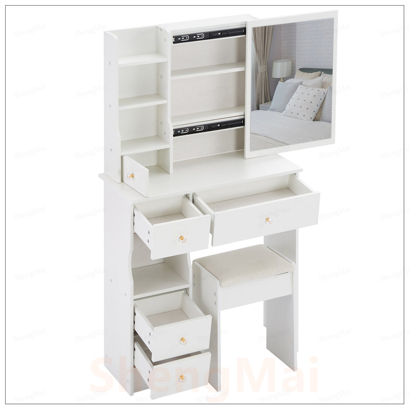 Table de coiffeuse compacte à tiroir gauche avec tabouret rembourré, très grand miroir coulissant, rangement multicouche, certifié EPA, GCC, UL