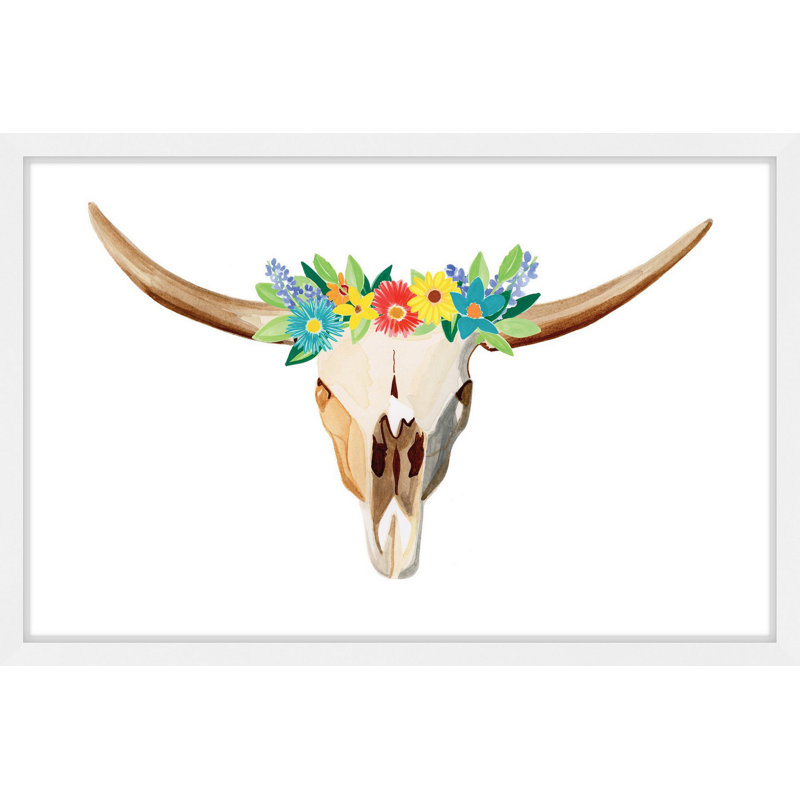 Floral Longhorn Canvas Print with White Frame