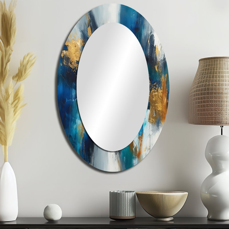Deep Knowing Abstract In Royal Blue And Gold IV - Gold Modern Oval Wall Mirror, 36" x 24"
