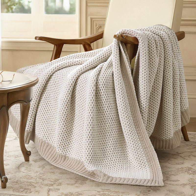 Chenille Honeycomb Knit Throw Blanket, Reversible Cozy Decorative Blanket, Lightweight Soft Warmth, Beige/White