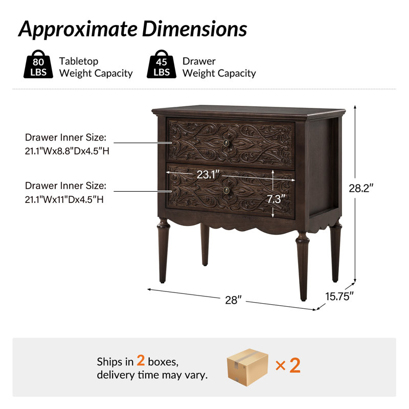 Hayter Traditional 28"Tall 2-Drawer End Table with Solid Wood Legs and Simple Assembly, Walnut