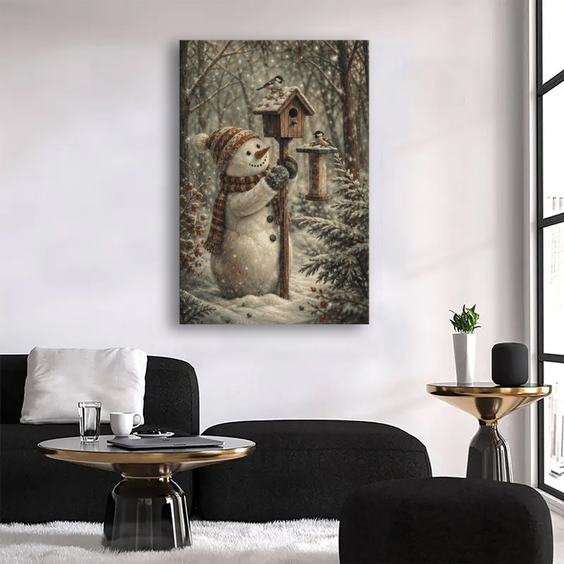 Bonhomme de neige joyeux près d'un nichoir avec des mésanges dans une forêt enneigée, décoration murale vintage sur toile pour Noël et l'hiver