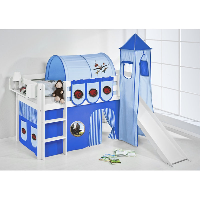 Jelle Mid Sleeper Bed with Textile Set, Blue, European Single (90 x 200 cm)