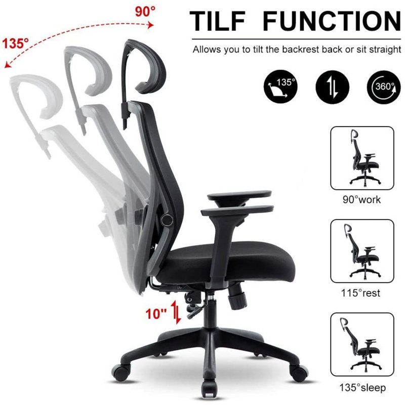 Mesh Gaming Chair with Headrest, Black