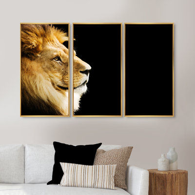 Portrait d'un grand lion sur fond noir - ensemble de 3 reproductions d'art encadrées sur toile