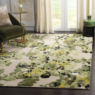 Subhan Hand Knotted Wool/Cotton Floral Rug in Beige/Green/Black