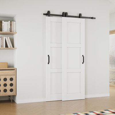 28" x 80" Height 3-Paneled White Primed Solid Core Sliding Bypass Barn Door Double Doors with Hardware Kit