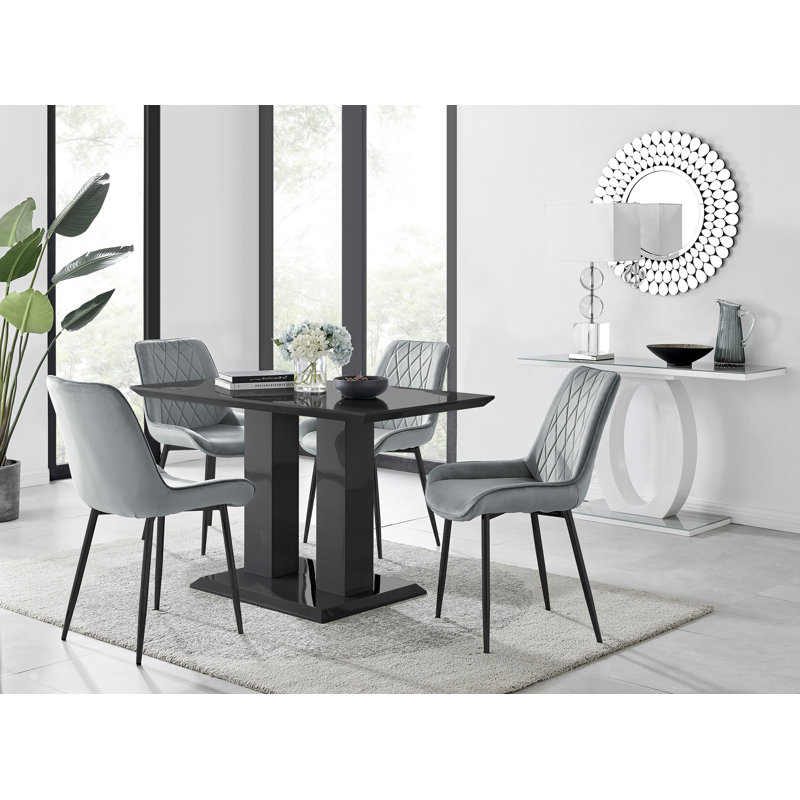 Edzard Double Pedestal High Gloss Dining Table Set with 4 Luxury Velvet Dining Chairs, Grey/Black, Black